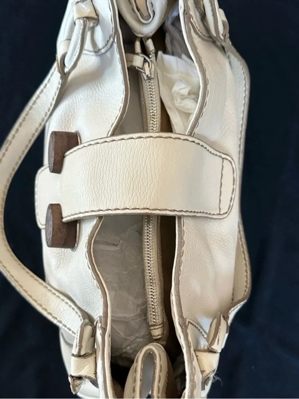 Tod's Cream Leather Shoulder Bag with Wood-Tone Accents